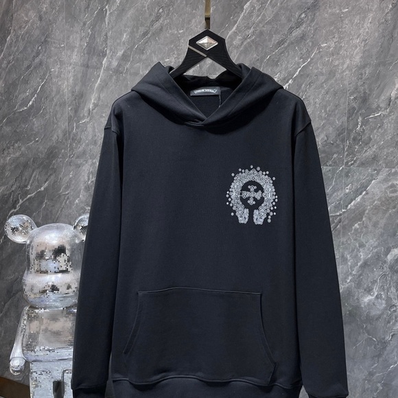 Black Men's Hoodie with Crystal-Look Chest Motif